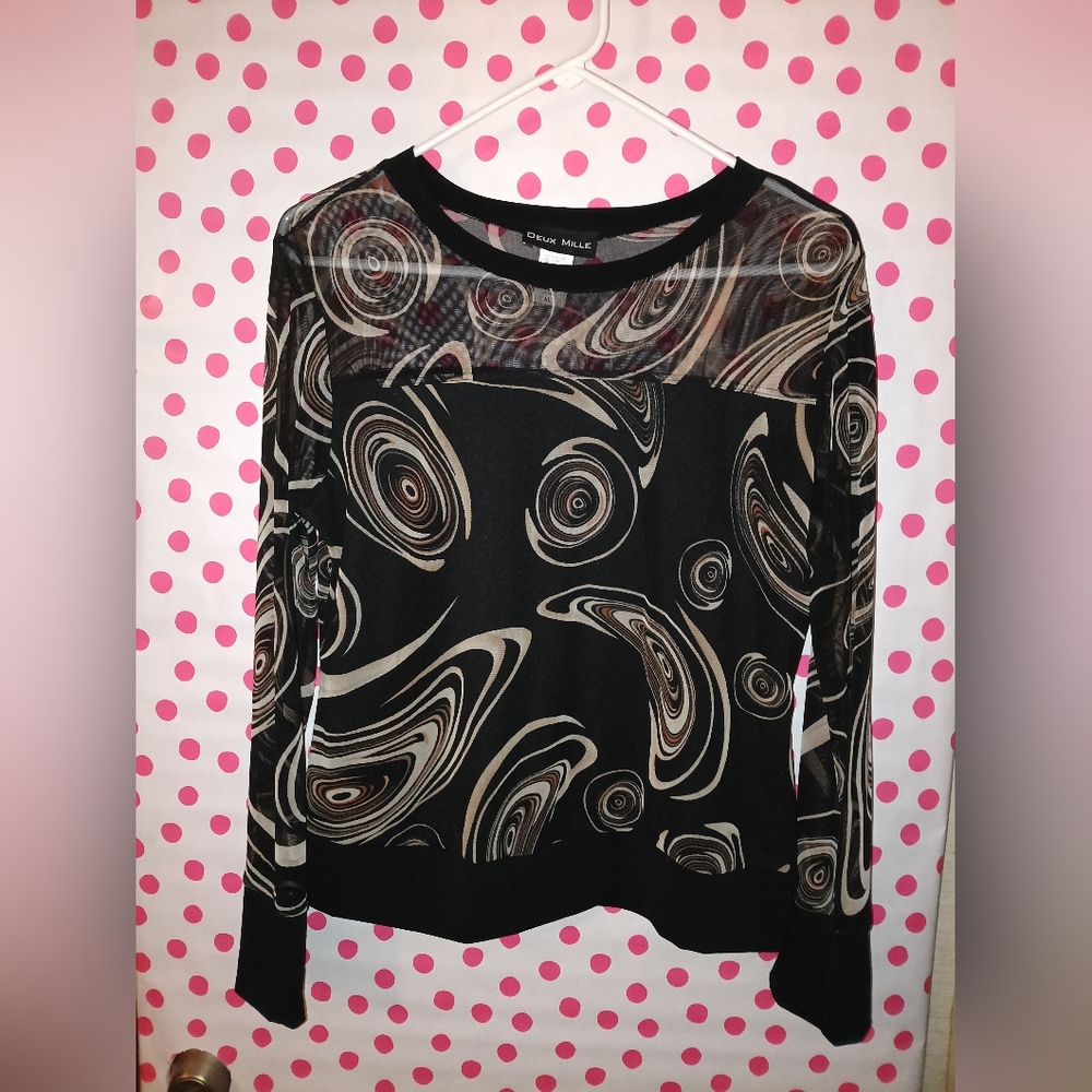 Deux Mille Vintage Black & Beige Swirl Print Long Sleeve Top/Shirt  XL 🖤